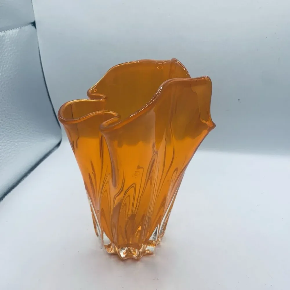 Ruffled Orange Handkerchief Top Blown  Glass Vase 7” Tall!